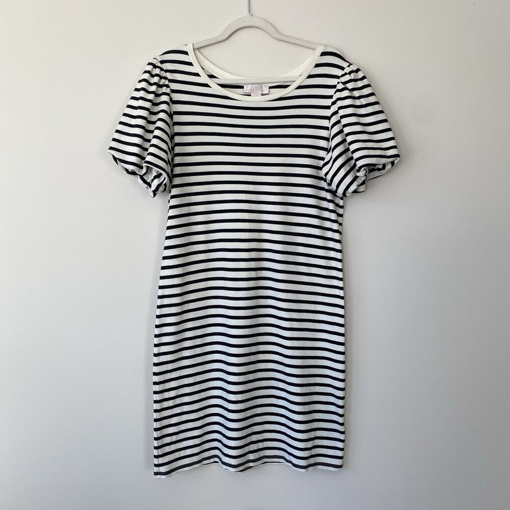 Rachel Parcell Cotton Knit Bubble Sleeve Dress Black Stripes Women’s Size Med